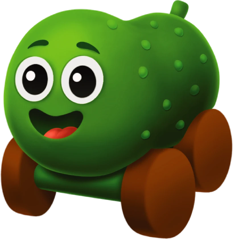 Pickle Car, a smiling green pickle toy car with wooden wheels